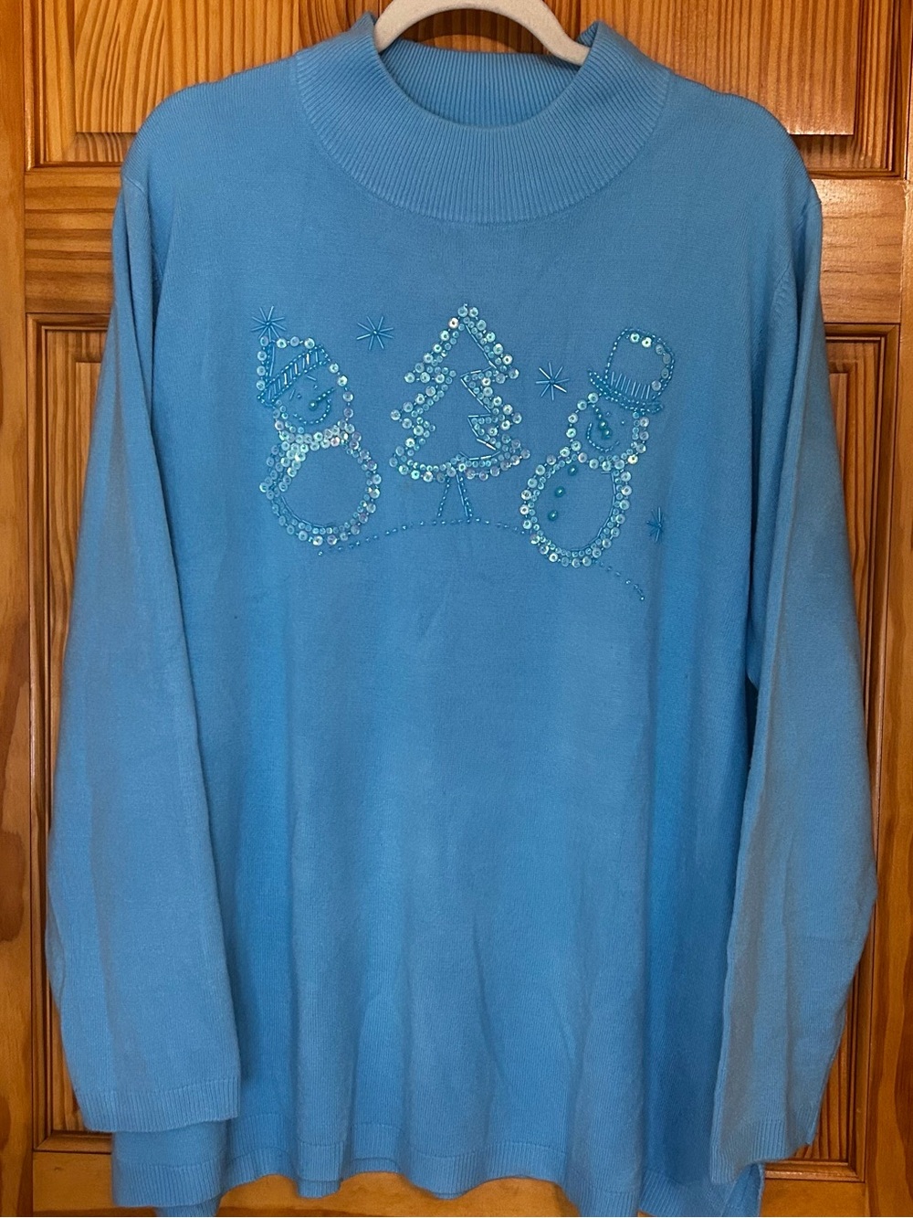 Quacker Factory Light Blue Sequin Snowman & Tree Winter/Holiday Sweater